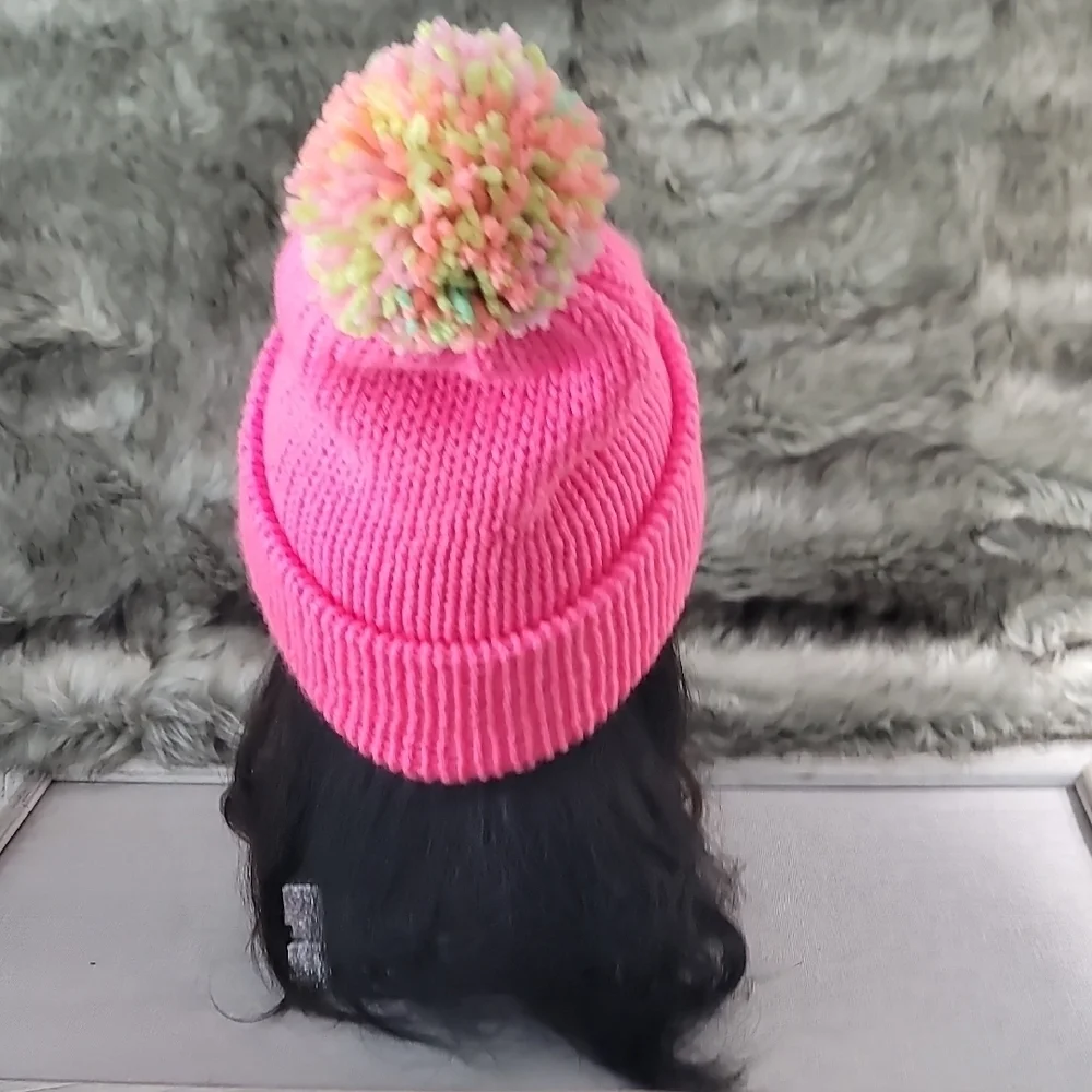 Handmade Pink Knit Beanie with Multicolor Pom-Pom